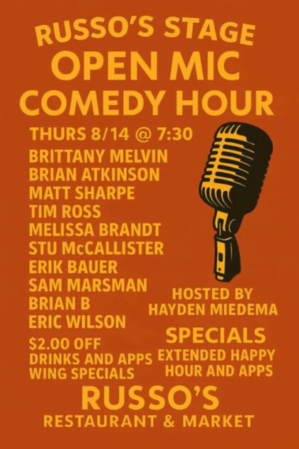 Brian Atkinson is working out at a Clean Comedy Open Mic at Russo Italian Restaurant in Byron Center, MI at 7:30pm on Thursday, August 14.