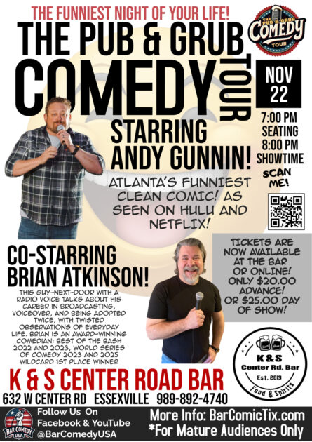 Brian Atkinson is featuring at a Bar Comedy USA Pub & Grub Comedy Tour show with Andy Gunnin in Essexville, MI on Saturday, November 22.
