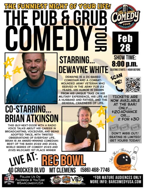 Brian Atkinson performs with Dewayne White at Northern Lanes in Sanford, MI for the Pub & Grub Comedy Tour with Bar Comedy USA Saturday, February 27 8:00pm showtime.