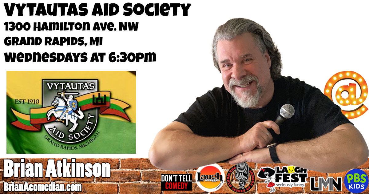 Brian Atkinson is working out at the Vytautas Aid Society open mic, Wednesday, April 22 at 6:30pm.