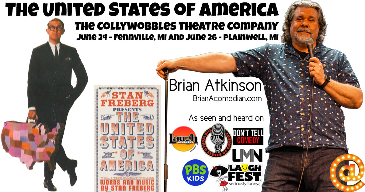 Brian Atkinson performing voices on stage for the radio play, Stan Freberg's United States of America with the Collywobbles Theater Company.