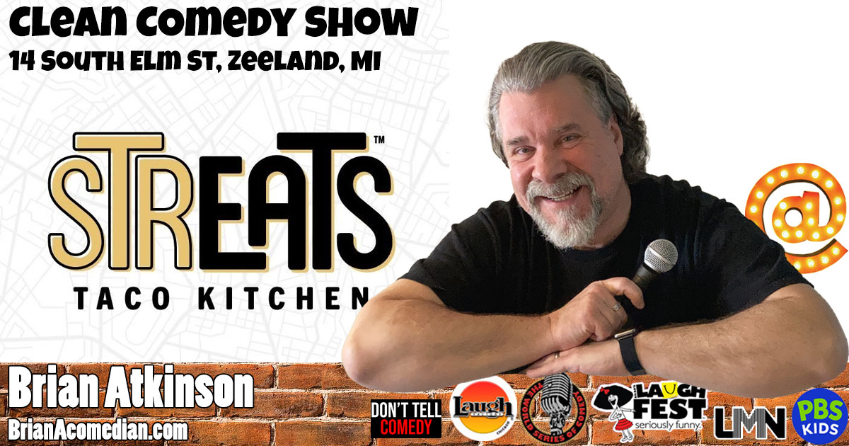 Brian Atkinson on a clean comedy night at Streats Taco Kitchen in Zeeland, Tuesday night.
